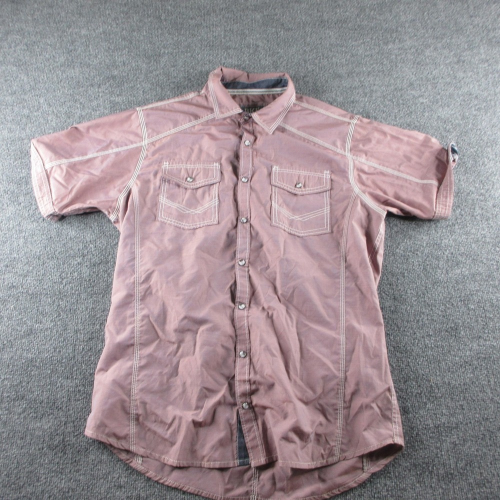 BKE Shirt Mens L Red Pink Solid Short Sleeve Snap Button Western Pockets Casual